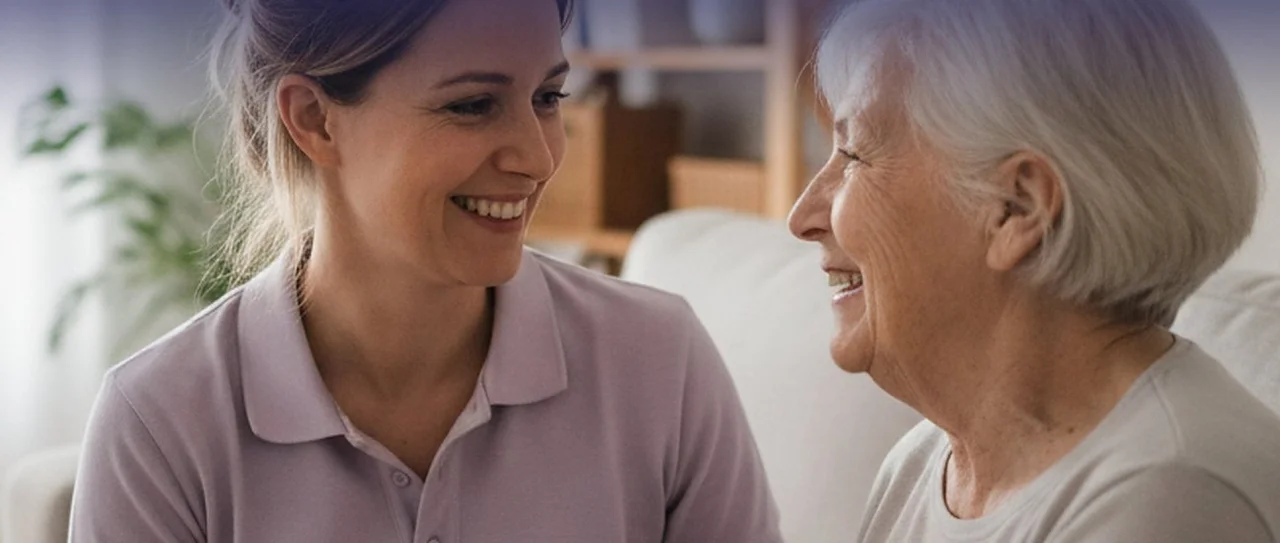 Personne âgée souriante accompagnée à domicile