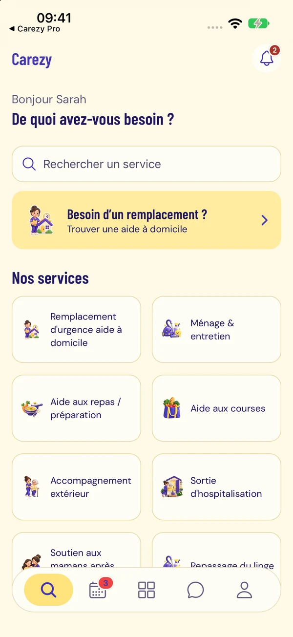 Accueil et services dans l’application Carezy