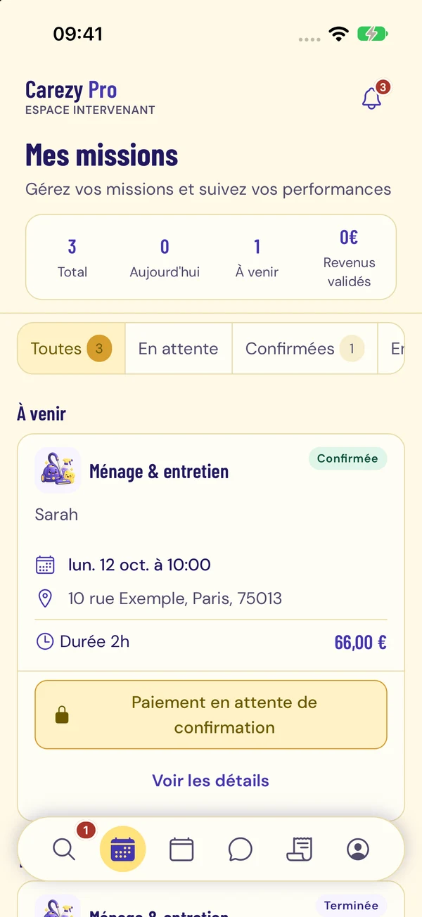 Liste des missions dans l’application Carezy Pro